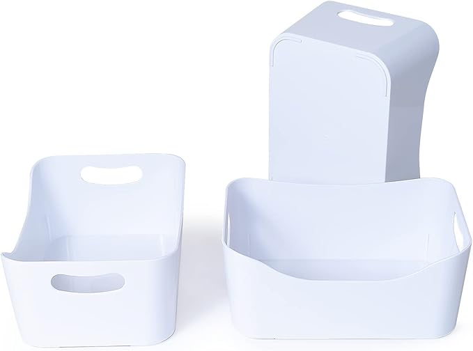 MATICAN Plastic Storage Bins with Handles, 3-Pack Small Pantry Storage Bins, Organizer Baskets for Kitchen, Bathroom, Bedroom, White, 9.6 x 6.6 x 4.1 Inches-NeatNest