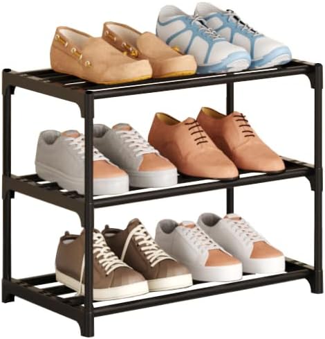 Metal Stackable Small Shoe Rack Organizer, Narrow Shoe Racks for Closets Entryway, Shoe Stand,Shoe Shelf with Handle (3-Tier-Black)-NeatNest