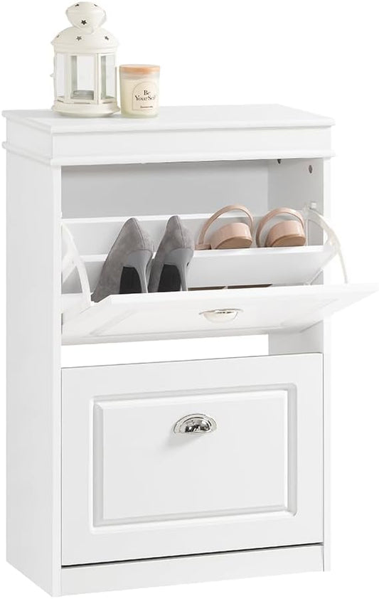Haotian Small Shoe Cabinet, White 2 Flip Drawers Freestanding Shoe Rack, Shoe Storage Cupboard Organizer (9.45" D x 20.87" W x 32.28" H), FSR78-W-NeatNest