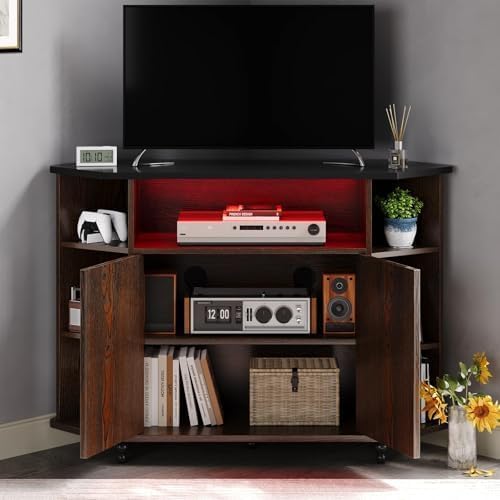 4 EVER WINNER Corner TV Stand, Farmhouse Corner TV Cabinet with LED Lights for 50 Inch, Adjustable Shelves, Corner TV Stand with Storage, Barn Doors for Living Room, Brown and Black-NeatNest
