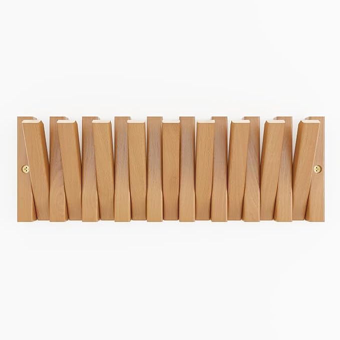 Coat Hooks, Wall Mounted Rack with 9 Retractable Hangers, Solid Wood Slim Holder for Entryway, 17in Natural Finish-1-NeatNest