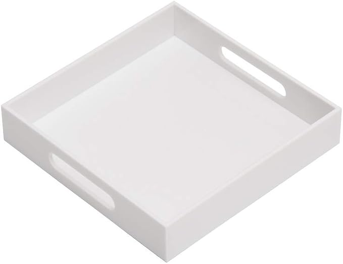 Glossy White Sturdy Acrylic Serving Tray with Handles-10x10Inch-Serving Coffee,Appetizer,Breakfast,Butler-Kitchen Countertop-Makeup Drawer Organizer-Vanity Table,Ottoman Tray-Decorative Tray-NeatNest