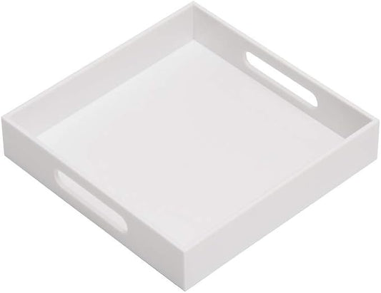 Glossy White Sturdy Acrylic Serving Tray with Handles-10x10Inch-Serving Coffee,Appetizer,Breakfast,Butler-Kitchen Countertop-Makeup Drawer Organizer-Vanity Table,Ottoman Tray-Decorative Tray-NeatNest