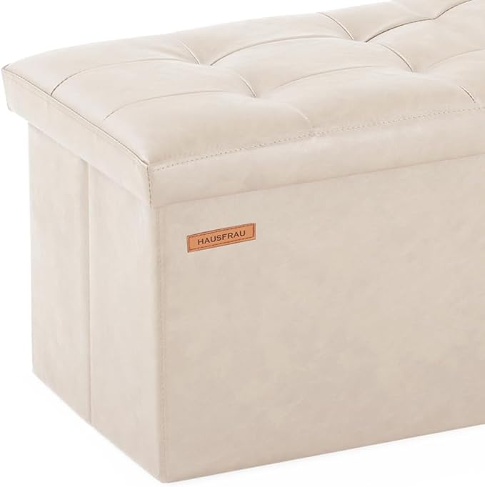 HAUSFRAU Storage Ottoman Foot Rest Stool, Small Folding Ottoman with Storage, Tufted Square Cube Footrest, Faux Leather Ivory