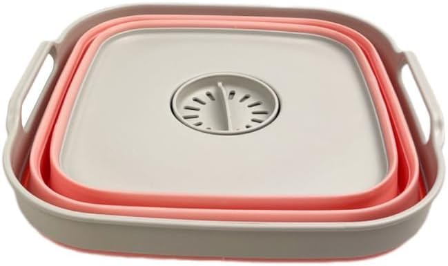 SAMMART 10L (2.64 Gallon) Collapsible Dishpan with Draining Plug-Foldable Washing Basin-Portable Dish Washing Tub-Space Saving Kitchen Storage Tray for Camping & RV (1, Grey/Quartz Pink)