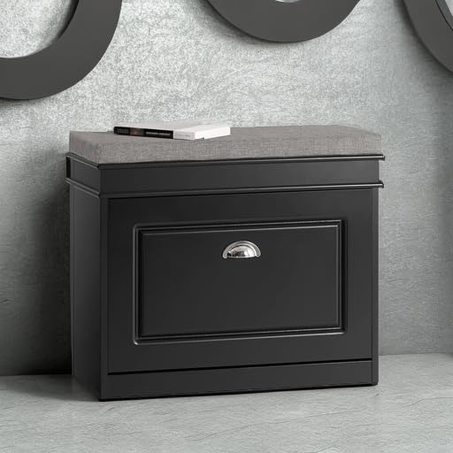 Haotian Black Hallway Shoe Bench, Narrow Shoe Rack Entryway, Small Shoe Cabinet with Flip-Drawer and Seat Cushion, FSR82-K-SCH-NeatNest