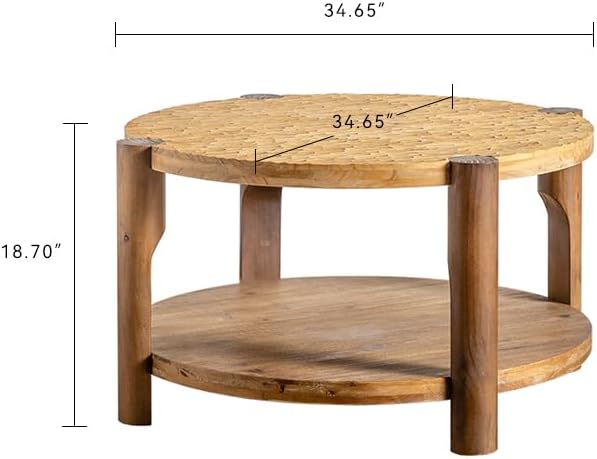 kevinplus 34.65'' Round Coffee Table 2-Tier for Living Room, Modern Mid-Century Circle Carved Handcrafted Solid Wood Coffee Table, Easy Assembly, Natural
