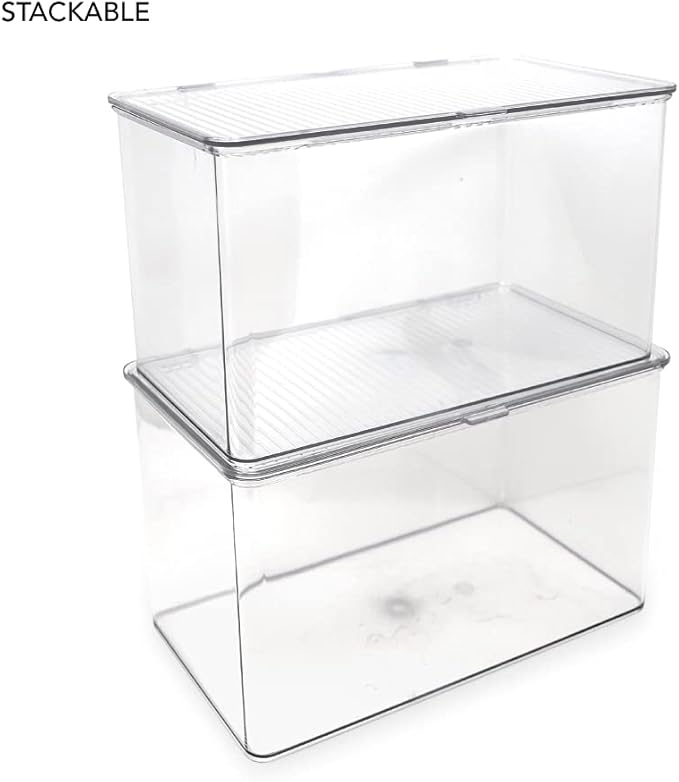 Isaac Jacobs Large Stackable Organizer Bin (10.75” x 6.5” x 6.1”) w Hinged Lid Clear Storage Box Home Office School Fridge Bathroom Kitchen Pantry Container BPAFree Food Safe (Large Clear)