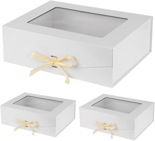 3 Pcs White Extra Large Gift Box for Presents with Ribbon 16.5x13x5.3 Inches Clear Gift Box with Window Magnetic Closure Gift Boxes with Lids-NeatNest