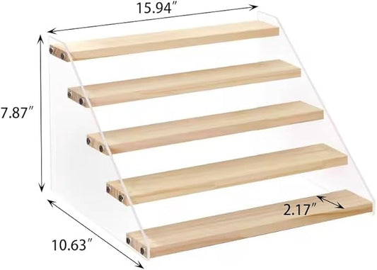 BYCY Wood Display Stand 5 Tier Clear Acrylic Display Shelf Riser for Perfumes Pop Figures Jewelry Cupcake Spice Desserts (1 Pack)-NeatNest