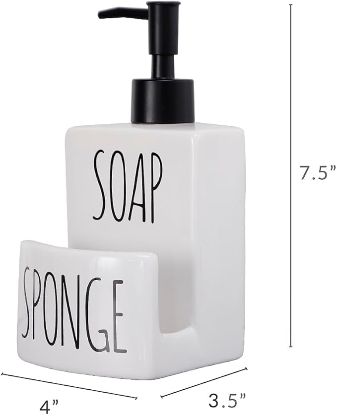 Ceramic Dish soap Dispenser with Sponge Holder Hand and Dish Soap Dispenser Set for Kitchen 2-in-1 Countertop Soap Pump Dispenser for Kitchen Sink, Useful Kitchen Gadgets - Modern Farmhouse White-NeatNest