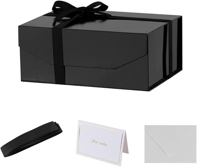 1PCS Black Gift Box with Ribbon 9.5x7x4 Inches，Sturdy Gift Box with Lid for Gift Packaging, Foldable Magnetic Closure Storage Boxes, Bridesmaid proposal box, Rectangle Collapsible Box-NeatNest