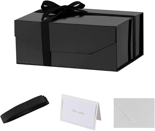 1PCS Black Gift Box with Ribbon 9.5x7x4 Inches，Sturdy Gift Box with Lid for Gift Packaging, Foldable Magnetic Closure Storage Boxes, Bridesmaid proposal box, Rectangle Collapsible Box-NeatNest