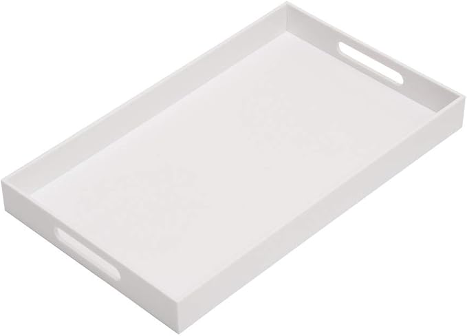 Glossy White Sturdy Acrylic Serving Tray with Handles-12x20 Inch-Serving Coffee Appetizer Breakfast-Kitchen Countertop Makeup Drawer Organizer-Vanity Table Ottoman Decorative Tray-NeatNest