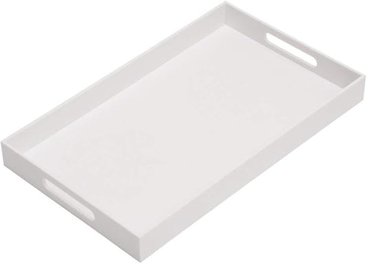 Glossy White Sturdy Acrylic Serving Tray with Handles-12x20 Inch-Serving Coffee Appetizer Breakfast-Kitchen Countertop Makeup Drawer Organizer-Vanity Table Ottoman Decorative Tray-NeatNest