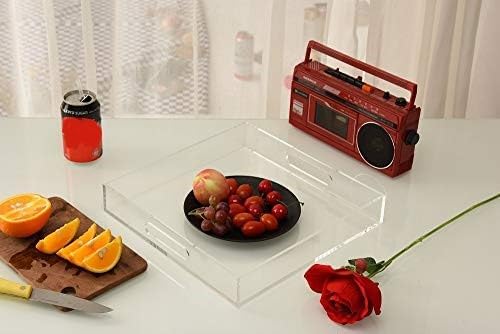 Clear Sturdy Acrylic Serving Tray with Handles - 12x12Inch - Coffee, Appetizer, Breakfast, Butler Tray - Kitchen Countertop & Makeup Drawer Organizer-NeatNest