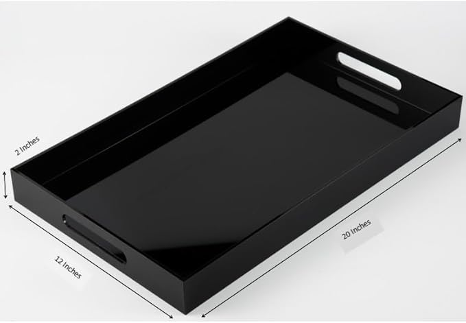 Glossy Black Sturdy Acrylic Serving Tray with Handles-12x20Inch-Serving Coffee,Appetizer,Breakfast,Butler-Kitchen Countertop Makeup Drawer Organizer-Vanity Table Ottoman Decorative Tray-NeatNest
