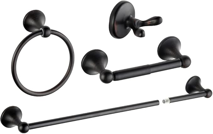 4 Piece Bathroom Accessory Set(Adjustable Towel Bar, Towel Ring, Toilet Paper Holder,Towel Hook), Wall Mounted Bathroom Hardware Accessories Set,Matte Black