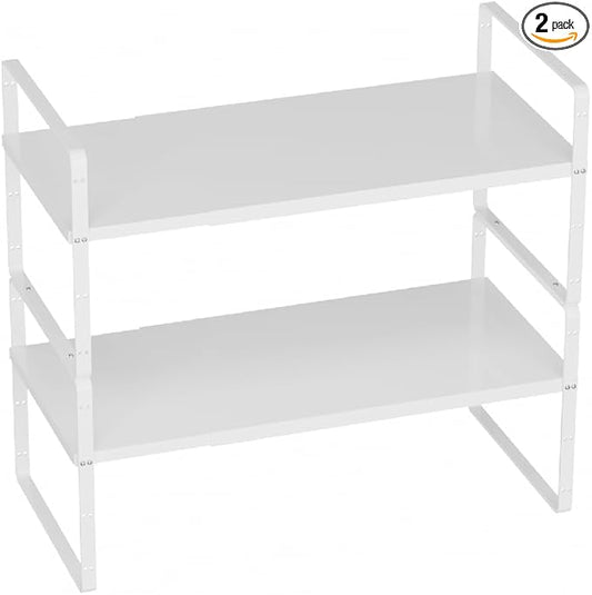 Slideep Expandable Counter Organizer Shelf, Stackable Cabinet Shelves Organizer Storage Rack Cupboard Stand Spice Rack for Kitchen Bathroom Pantry White -2 Set
