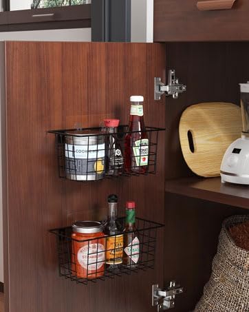 MaraFansie Hanging Wire Baskets Kitchen Storage Basket Adhesive and Screws Basket Over the Cabinet Door Organizer with Adhesive Strips and Screws Accessories, 2 Installations, 4 Pack, Black-NeatNest