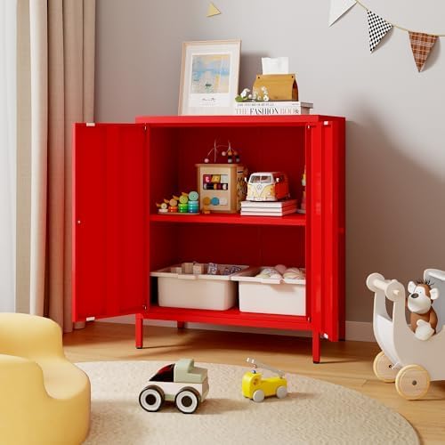 2 Doors Locker Metal Storage Cabinet, Accent Storage Cabinet with Shelves, Freestanding Metal Sideboard for Small Spaces, Living Room, Dining Room, Entryway (2 Door Cabinet, RED) ﻿