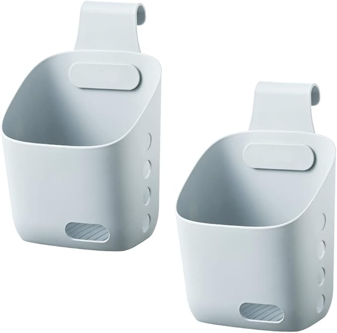 Plastic Hanging Basket Kitchen Storage organizer, Basket with Detachable hook, Hang it behind a door or on a railing, Over the Cabinet Door (Grey, Small-2 Pack)