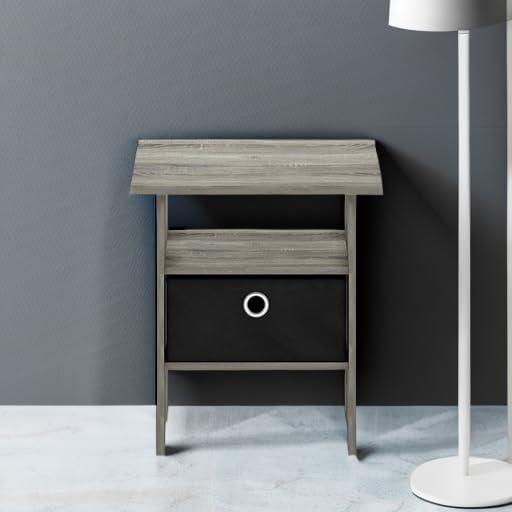 Furinno Andrey End Table / Side Table / Night Stand / Bedside Table with Bin Drawer, French Oak Grey/Black