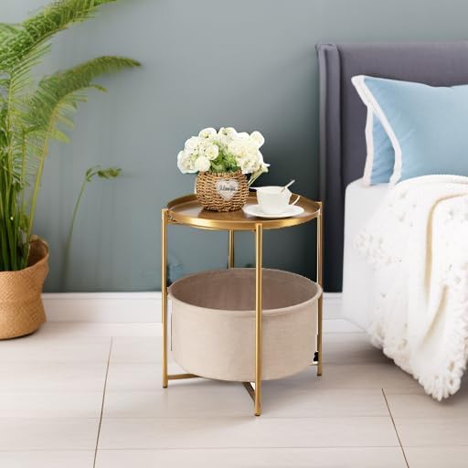 danpinera Round Side Table with Fabric Storage Basket, Metal Side Small Bedside Table Nightstand with Removable Tray Top for Living Room, Bedroom, Nursery, Laundry, Gold-NeatNest