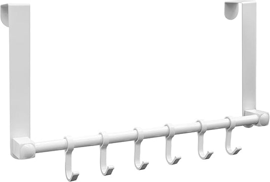 Over The Door Hooks Door Hanger, Moving 6-Hooks Over Door Coat Rack for Hanging, Aluminum Heavy Duty Door Organizer for Towel Robe Hat Bag, Behind Back of Door Bathroom (White)