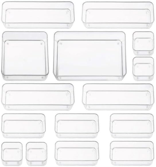 Fifteen Pieces. Plastic Clear Drawer Organizers. Bathroom, Kitchen, Bedroom, Utensils, Office Organizer Bins, Storage Trays. Heavy Duty, Stackable 5 Sizes.-NeatNest