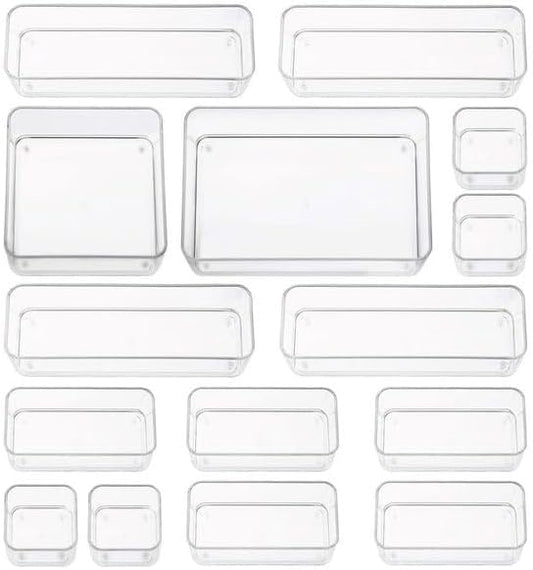 Fifteen Pieces. Plastic Clear Drawer Organizers. Bathroom, Kitchen, Bedroom, Utensils, Office Organizer Bins, Storage Trays. Heavy Duty, Stackable 5 Sizes.-NeatNest