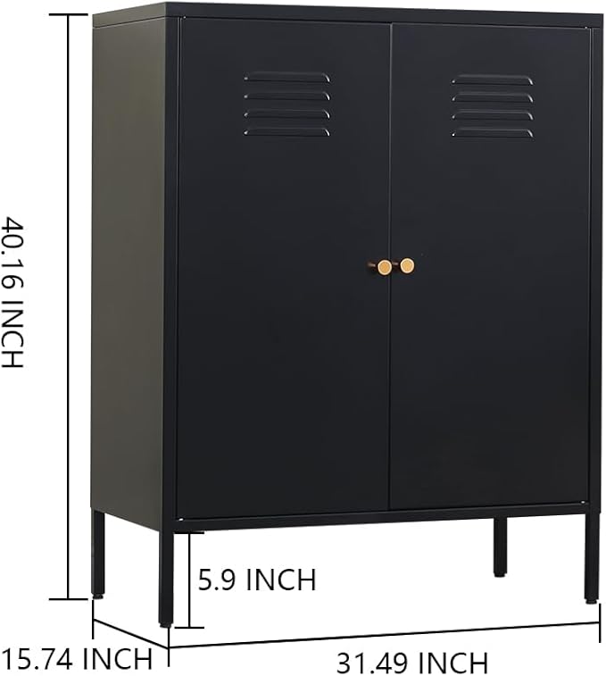 2 Doors Locker Metal Storage Cabinet, Accent Storage Cabinet with Shelves, Freestanding Metal Sideboard for Small Spaces, Living Room, Dining Room, Entryway, Black