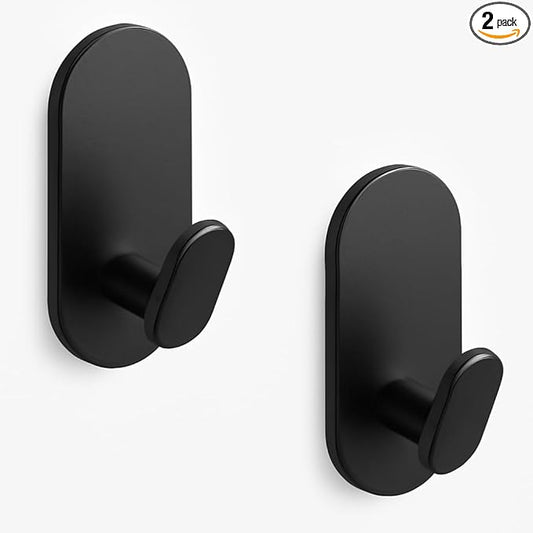Adhesive Towel Hooks for Bathrooms 2 Pack Matte Black Stainless Steel and Zinc Alloy Sticky Wall Hooks for Hanging Heavy Duty Self Adhesive Robe Shower Hanger for Kitchen, Closet, Cabinet, Door