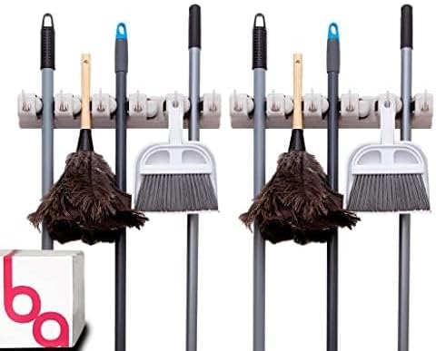 Berry Ave Broom Holder & Wall Mount Garden Tool Organizer- Kitchen, Closet, Garage & Laundry Room Storage With 5 Slots And 6 Hooks- Wall Holder For Broom, Rake & Mop Handles Up To 1.25” [Beige 2-Pack]-NeatNest