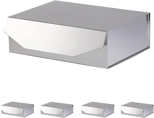 5 Silver Large Gift Boxes with Lid 13x9x4 Inches, Bridesmaid Proposal Boxes, Hard Collapsible Gift Box with Magnetic Closure, Groomsman Box Reusable Gift Boxes for Clothes (Glossy Silver)-NeatNest