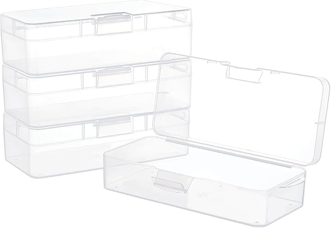 BENECREAT 4 Packs Rectangle Plastic Container Box, 7x3x1.8inch Clear Storage Organizer with Hinged Lid and Hanging Hole for Small Craft Accessories Office Supplies-NeatNest