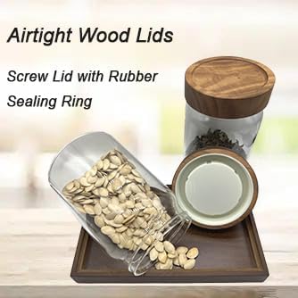 Clear Glass Storage Canister with Airtight Wooden Screw Lid 33oz/1000g 2 PACK with Tray,Decorative Container Jar for Coffee,Spice,Candy,Salt,Cookie,Condiment,Pepper,Sugar,Overnight Oatmeal-NeatNest