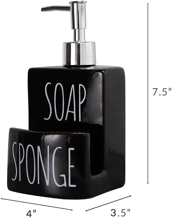 Ceramic Soap Dispenser with Sponge Holder - 2-in-1 Countertop Soap Pump Dispenser for Sink, Useful Kitchen Gadget - Black-NeatNest