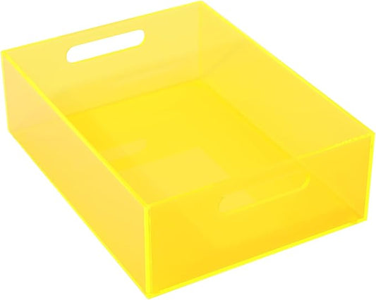 Acrylic Storage Bin Pantry Storage Container with Handles Kitchen Organizer Bin for Cabinet Cupboard Organization, Heavy Duty, 12.6 x 9.4 x 4'', Neon Yellow