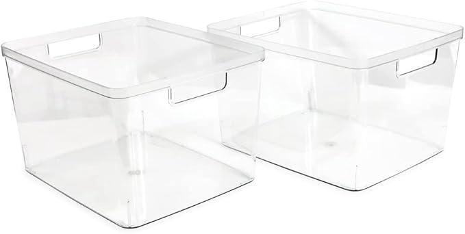 Isaac Jacobs 2-Pack Extra-Large Clear Storage Bins (11.5” L x 14” W x 9” H) w/Cutout Handles, Plastic Organizer for Home, for Kitchen, Fridge, Pantry, BPA Free, Food Safe (2-Pack, Extra-Large)