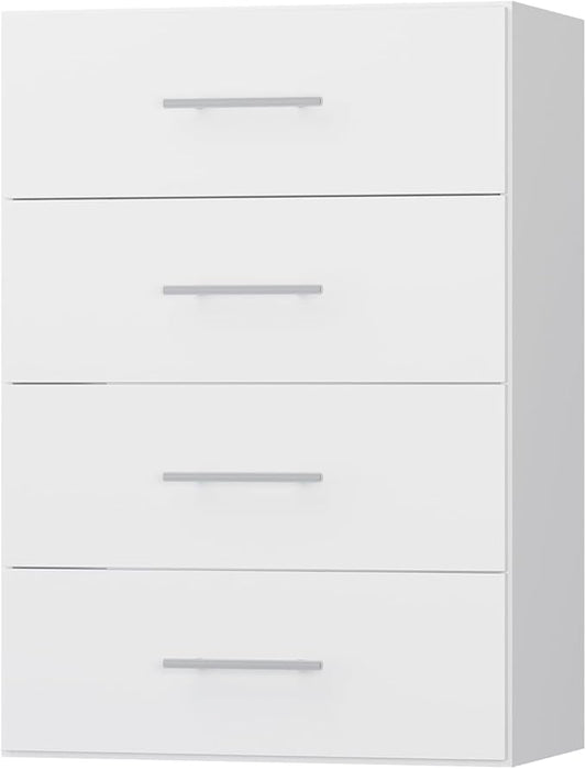4 Drawer Short Tower, Modular Wood Closet System Organizer with Storage, Clothing Rack for Hanging Clothes, White, 25.5"W