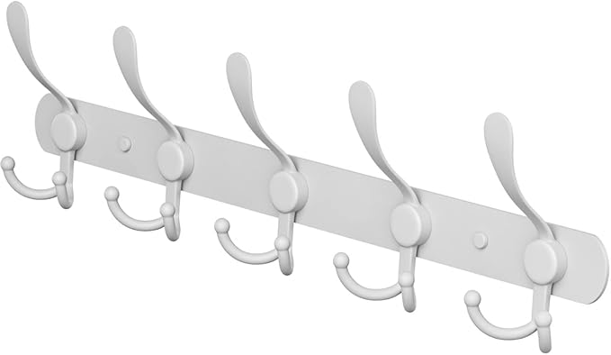 Coat Rack Wall Mount with 5 Tri Hooks, Stainless Steel 16 Inch – White Matte Finish, Heavy Duty Wall Mounted Hook Rack for Coats, Hats, Towels, Scarves, Robes, Bags, Entryway & Bathroom-NeatNest