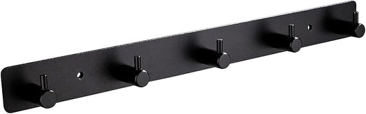 Adhesive Bathroom Black Hook Rail, 5 Matte Black Wall Key Hooks Rack Hanger Towel Robe Stick Door Hooks for Bathroom Toilet Entryway Hallway Kitchen Wall Mounted