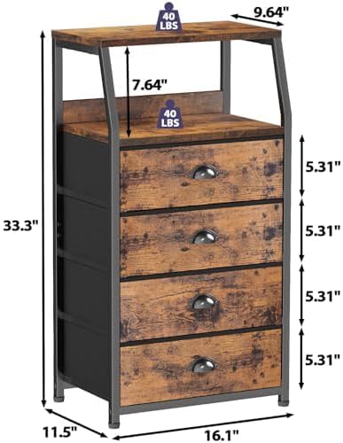 Furnulem Night Stand, Tall 4 Drawers Dresser for Bedroom, Hallway, Nursery, Closet Organizer, Nightstand Bedside Table Furniture, Vertical Storage Tower Fabric, Sturdy Steel Frame, Wood Top-NeatNest