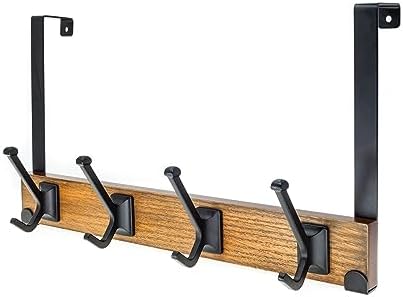 creathome Dual-Purpose Wooden Hanger with 4 Robben Hooks Classic Color, Behind/Over The Door Towel Rack for Bathroom, Heavy Duty Wall Mounted Coat Rack, No Drilling