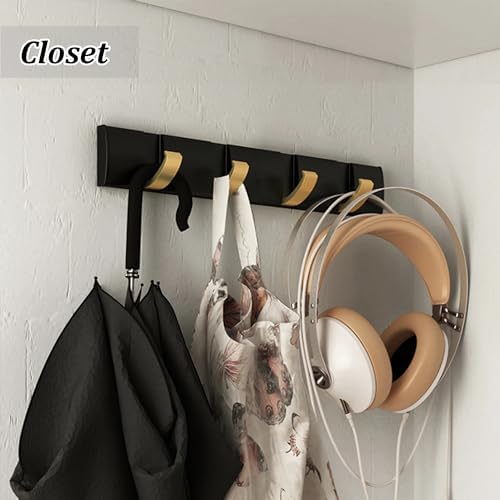 Coat Rack Wall Mounted with 4 Hooks, 12.5 Inch Black Gold Modern Heavy Duty Wall Coat Hooks, Folding Space Saving Towel Hanger for Hanging Coats, Hats, Scarves, Umbrella and Keys-NeatNest