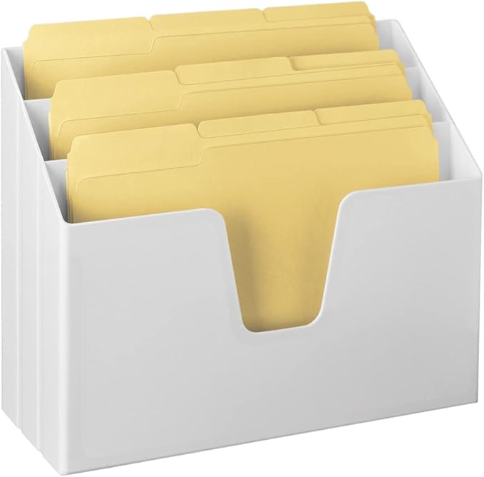 Acrimet Horizontal Triple File Folder Holder Organizer, Includes 9 Manila Folders Letter Size, Desktop File Storage for Home & Office, 3 Slot Desk Organizer for Paper, Mail, Documents (White Color)