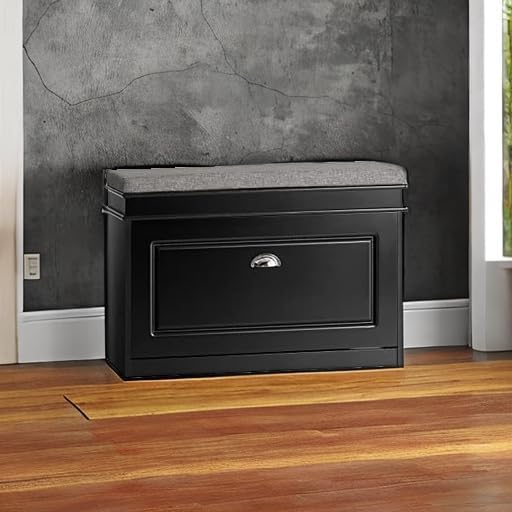Haotian Shoe Storage Bench with Cushion, Black Narrow Shoe Rack for Entryway, Small Shoe Cabinet with 2 Tiers Flip-Drawer, Closet Hallway Mudroom FSR82-L-SCH-NeatNest