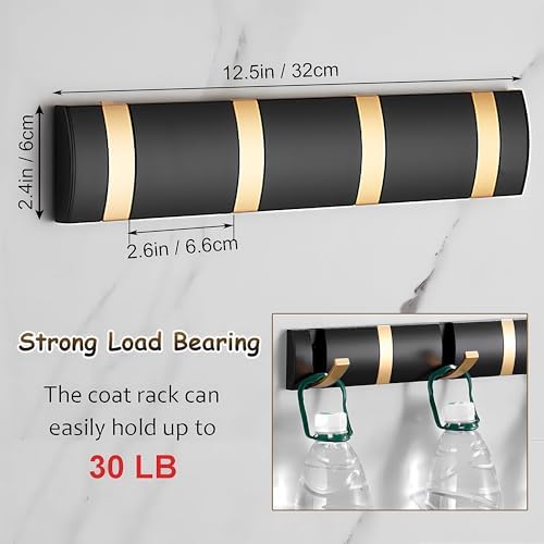 Coat Rack Wall Mounted with 4 Hooks, 12.5 Inch Black Gold Modern Heavy Duty Wall Coat Hooks, Folding Space Saving Towel Hanger for Hanging Coats, Hats, Scarves, Umbrella and Keys-NeatNest