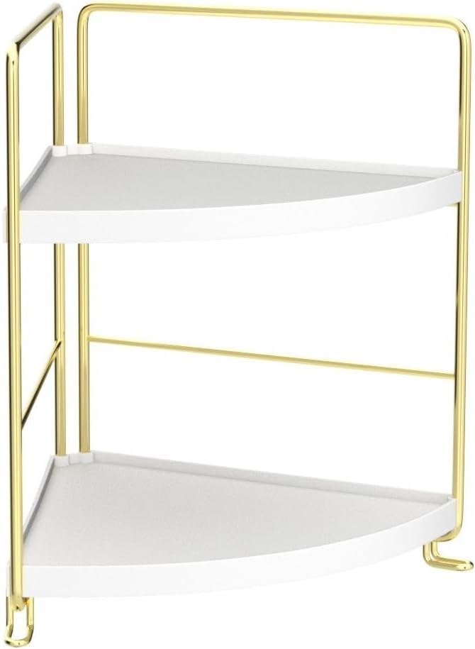 FSyueyun 2-Tier Corner Bathroom Counter Organizer, Tool-Less Installation Vanity Shelf Small Plastics Countertop Makeup Tray Skincare Perfume Organizers (Gold)-NeatNest